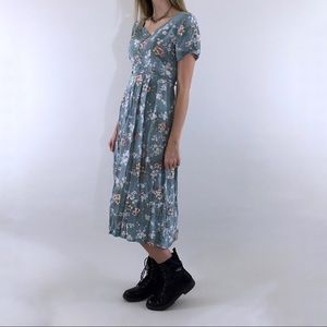 80s 90s Vintage Teal Pink Blue Floral Midi Dress